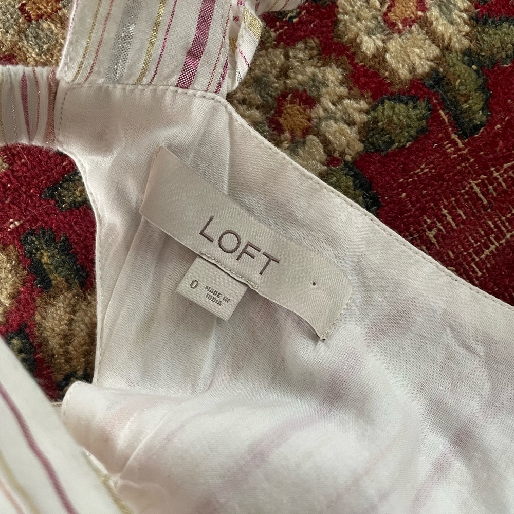 Gently preowned LOFT sundress pinafore lurex stripes ruffle hem 0 - Picture 6 of 10